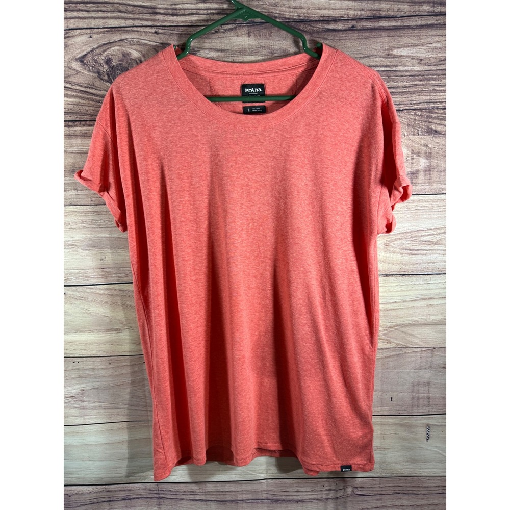 Prana Foundation Short Sleeve Top Coral Heathered Crew Neck Tee Womens Large